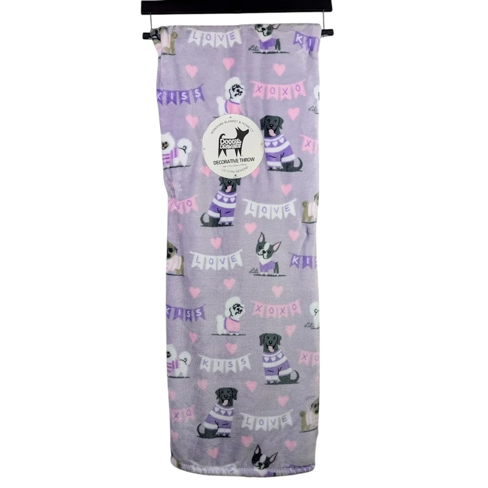 Boston Terrier Frenchie Pugs Kisses Love Plush Throw Blanket Lavender 60x70 NWT
